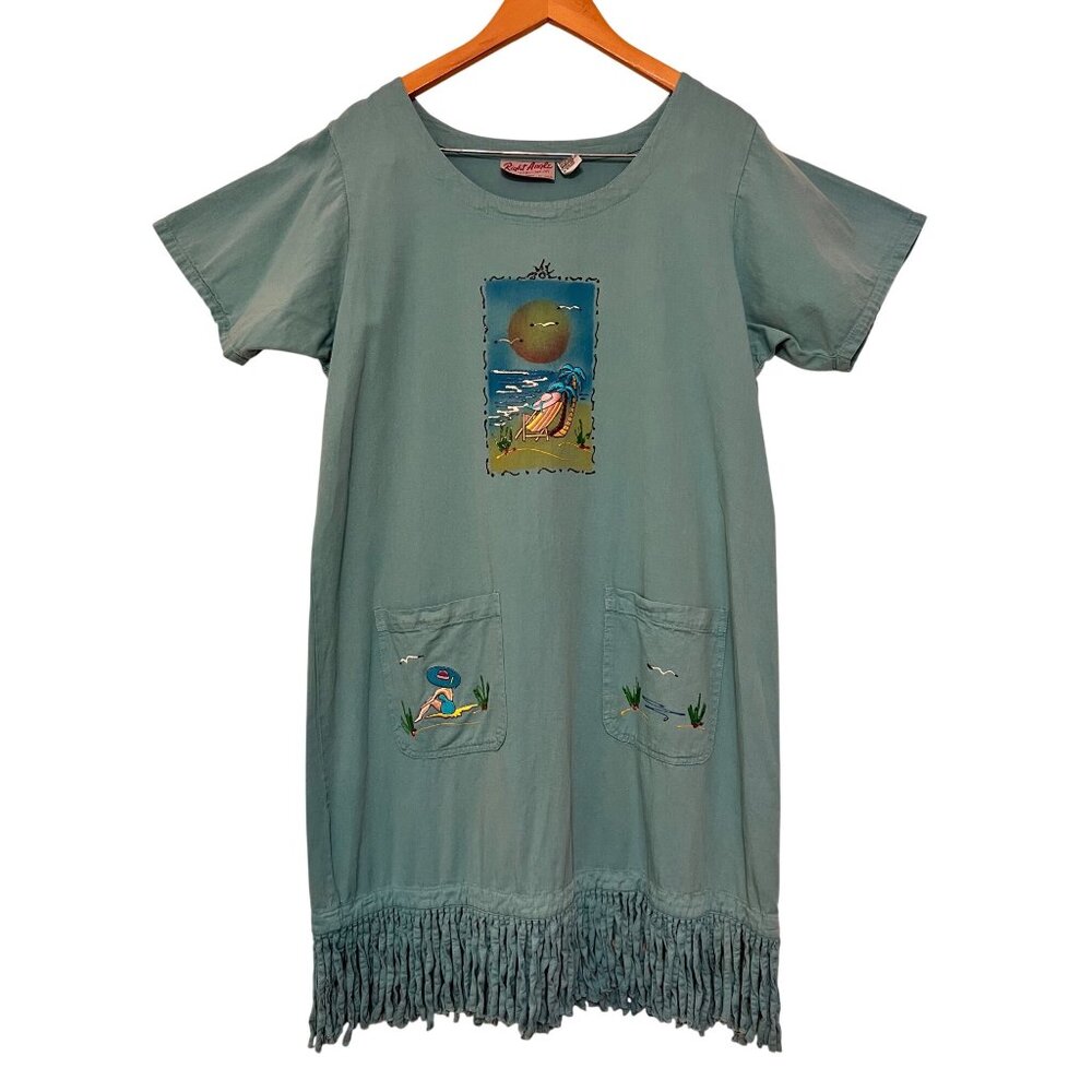 Right Angle Women Beach-Themed Cotton Dress Fringe Pockets LARGE Cruise Casual - Picture 1 of 16